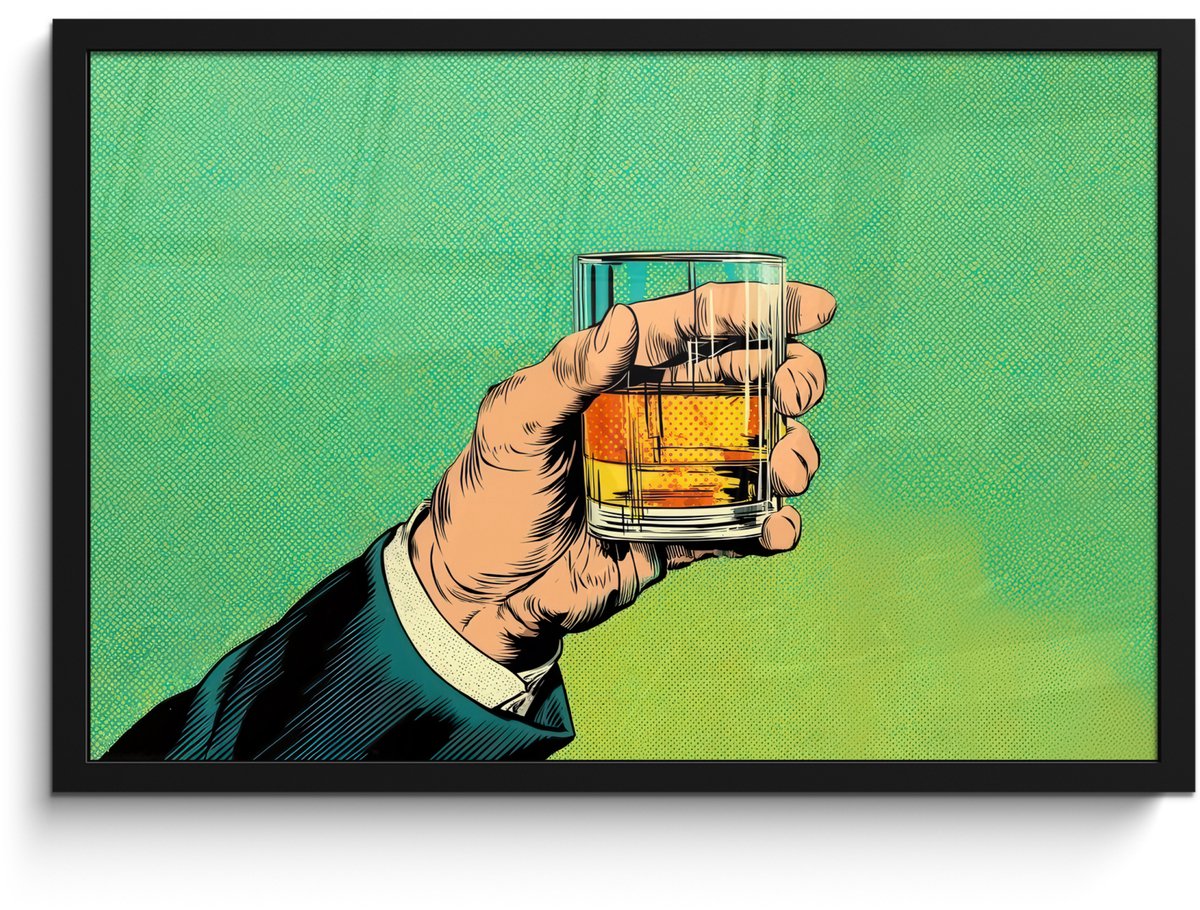 FrameYourWall Poster in lijst - Fotolijst 60x40 cm - Posters - Whisky - Glas - Hand - Groen - Posterlijst zwart - Decoratie - Wanddecoratie woonkamer - Muurdecoratie slaapkamer - Kerstversiering - Kerstdecoratie voor binnen - Kerstmis