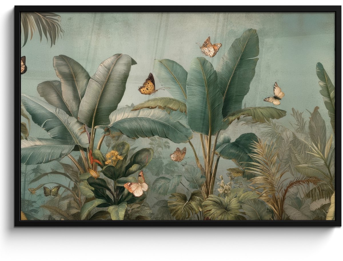 FrameYourWall Poster in lijst - Fotolijst 120x80 cm - Posters - Tropisch bladerdek - Vlinders - groen - Bruin - Posterlijst zwart - Decoratie - Wanddecoratie woonkamer - Muurdecoratie slaapkamer Tropisch - Bladeren - Vlinders