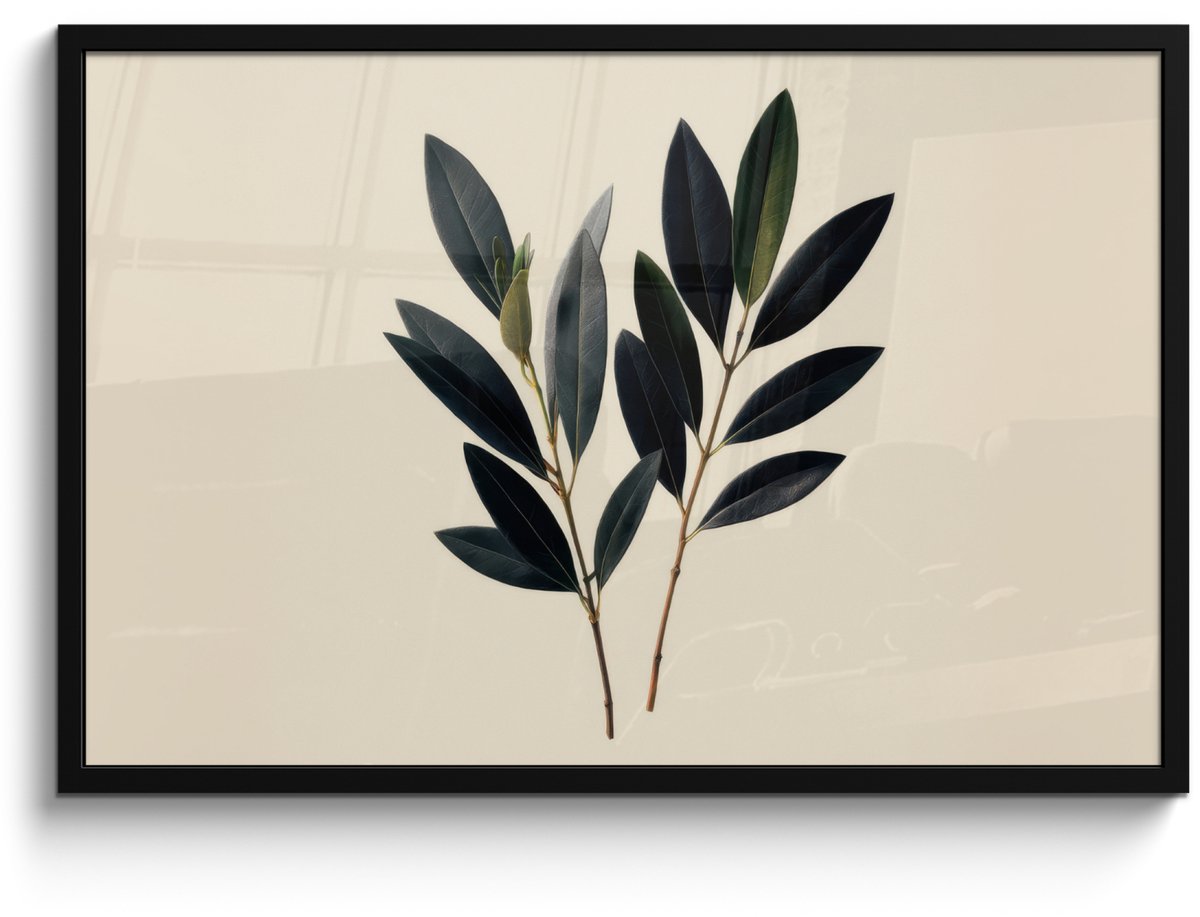 FrameYourWall Poster in lijst - Fotolijst 90x60 cm - Posters - Ovaalvormige bladeren - Diep groen - Symmetrisch - Posterlijst zwart - Decoratie - Wanddecoratie woonkamer - Muurdecoratie slaapkamer