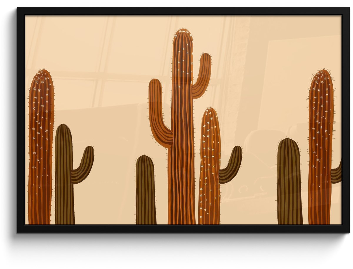 FrameYourWall Poster in lijst - Fotolijst 90x60 cm - Posters - Cactus - Woestijn - Zand - Bruin - Posterlijst zwart - Decoratie - Wanddecoratie woonkamer - Muurdecoratie slaapkamer