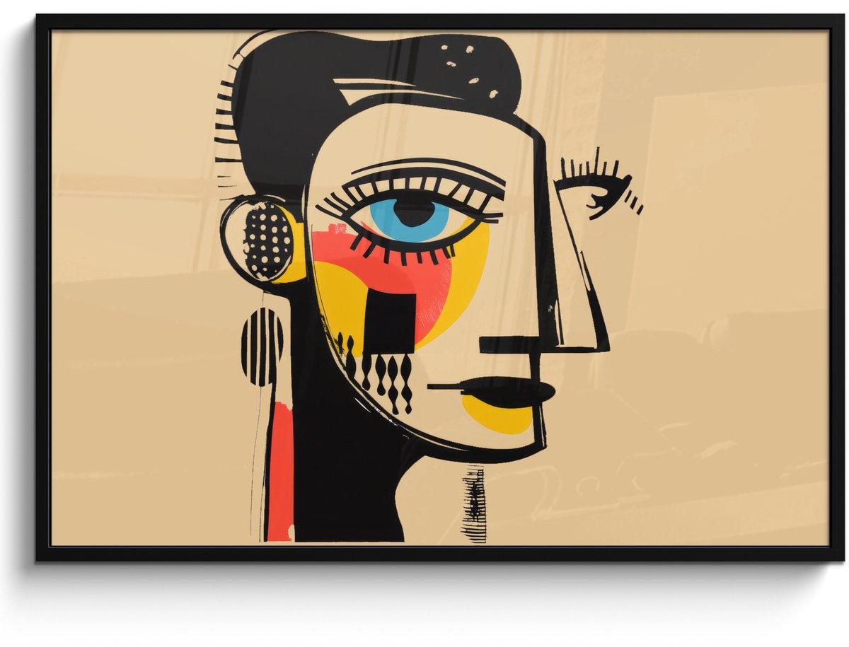 FrameYourWall Poster in lijst - Fotolijst 120x80 cm - Posters - Geometrisch - Felle kleuren - Kubistische stijl - Posterlijst zwart - Decoratie - Wanddecoratie woonkamer - Muurdecoratie slaapkamer Gezicht - Kunst