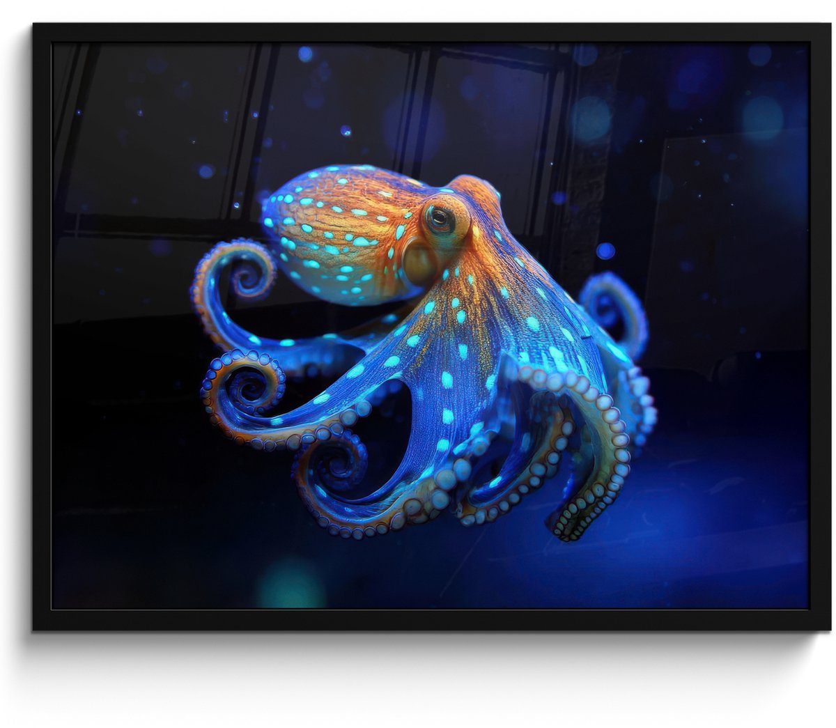 FrameYourWall Poster in lijst - Fotolijst 80x60 cm - Posters - Octopus - Stippen - Blauw - Zee - Posterlijst zwart - Decoratie - Wanddecoratie woonkamer - Muurdecoratie slaapkamer