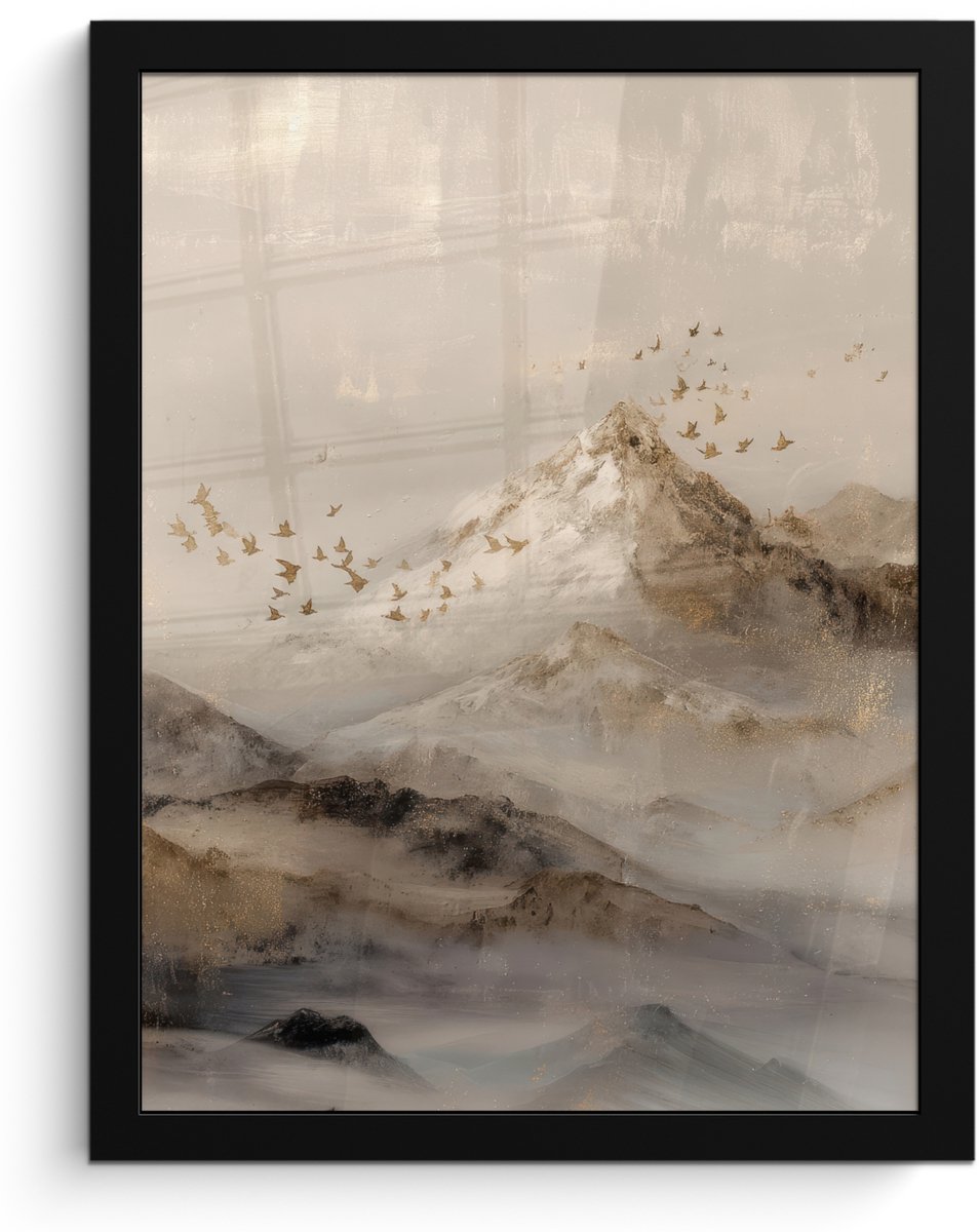 FrameYourWall Poster in lijst - Fotolijst 30x40 cm - Posters - Berglandschap - Mist - Penseelstreken - Posterlijst zwart - Decoratie - Wanddecoratie woonkamer - Muurdecoratie slaapkamer Berglandschap - Mist - Vogels