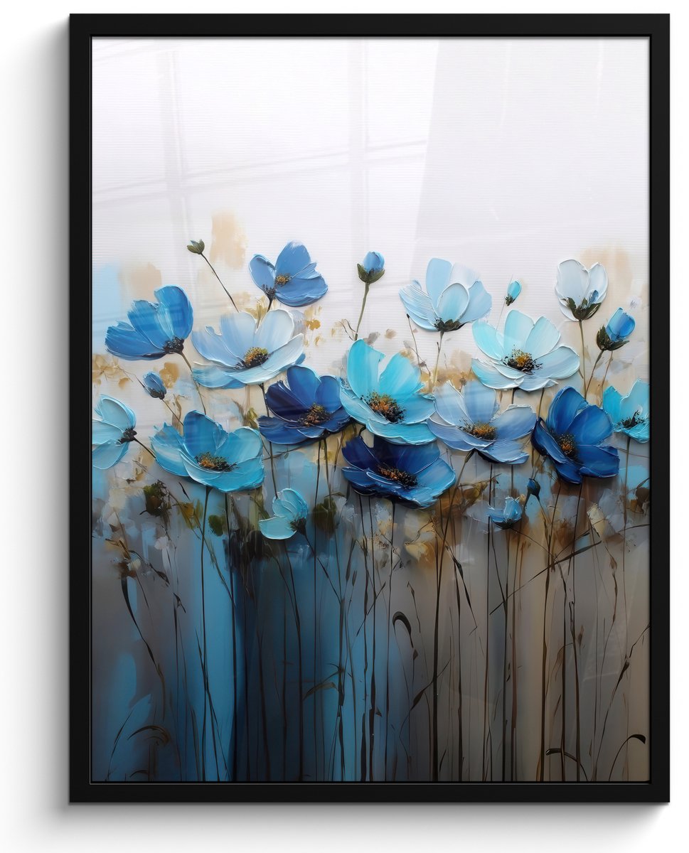 FrameYourWall Poster in lijst - Fotolijst 60x80 cm - Posters - Bloemen - Schilderij - Blauw - Posterlijst zwart - Decoratie - Wanddecoratie woonkamer - Muurdecoratie slaapkamer