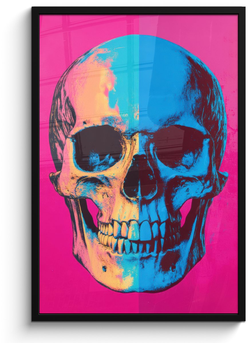 FrameYourWall Poster in lijst - Fotolijst 60x90 cm - Posters - Neon - Blauw - Pop-art - Schedel - Posterlijst zwart - Decoratie - Wanddecoratie woonkamer - Muurdecoratie slaapkamer Schedel - Neon