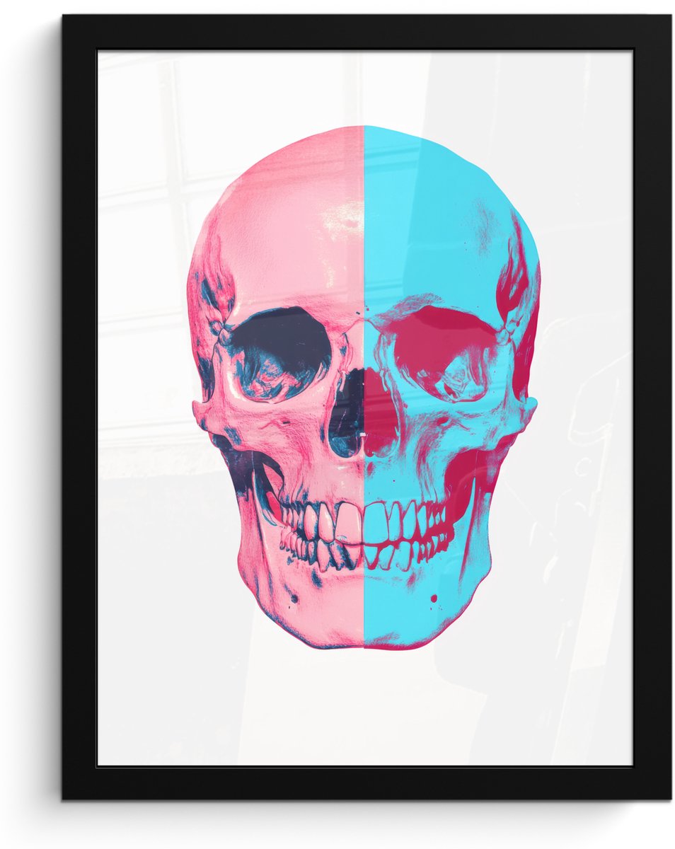 FrameYourWall Poster in lijst - Fotolijst 30x40 cm - Posters - Schedel - Grafisch - Roze - Verdeeld - Posterlijst zwart - Decoratie - Wanddecoratie woonkamer - Muurdecoratie slaapkamer