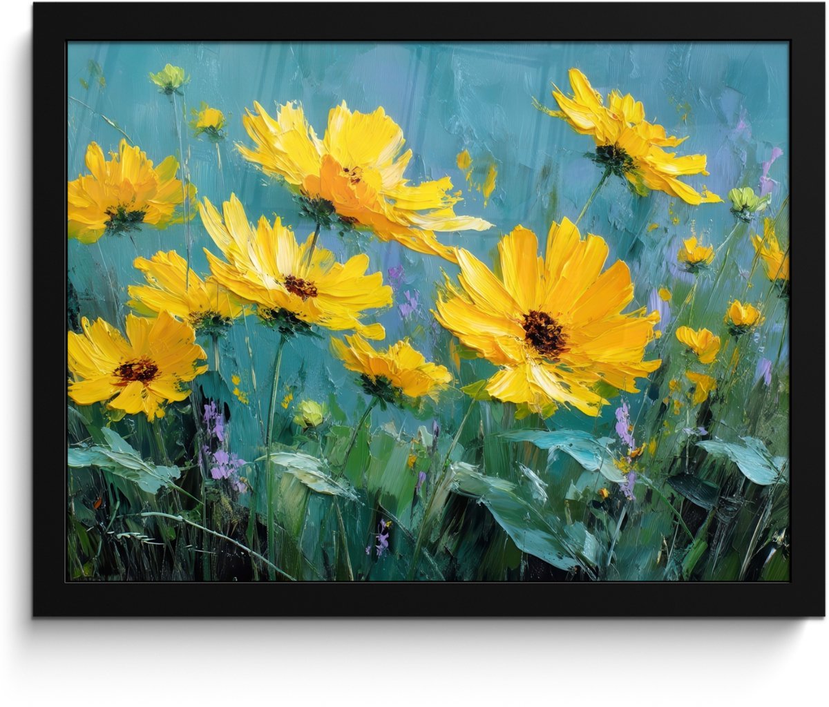 FrameYourWall Poster in lijst - Fotolijst 40x30 cm - Posters - Penseelstreken - Bloemen - Felgeel - Abstract - Posterlijst zwart - Decoratie - Wanddecoratie woonkamer - Muurdecoratie slaapkamer