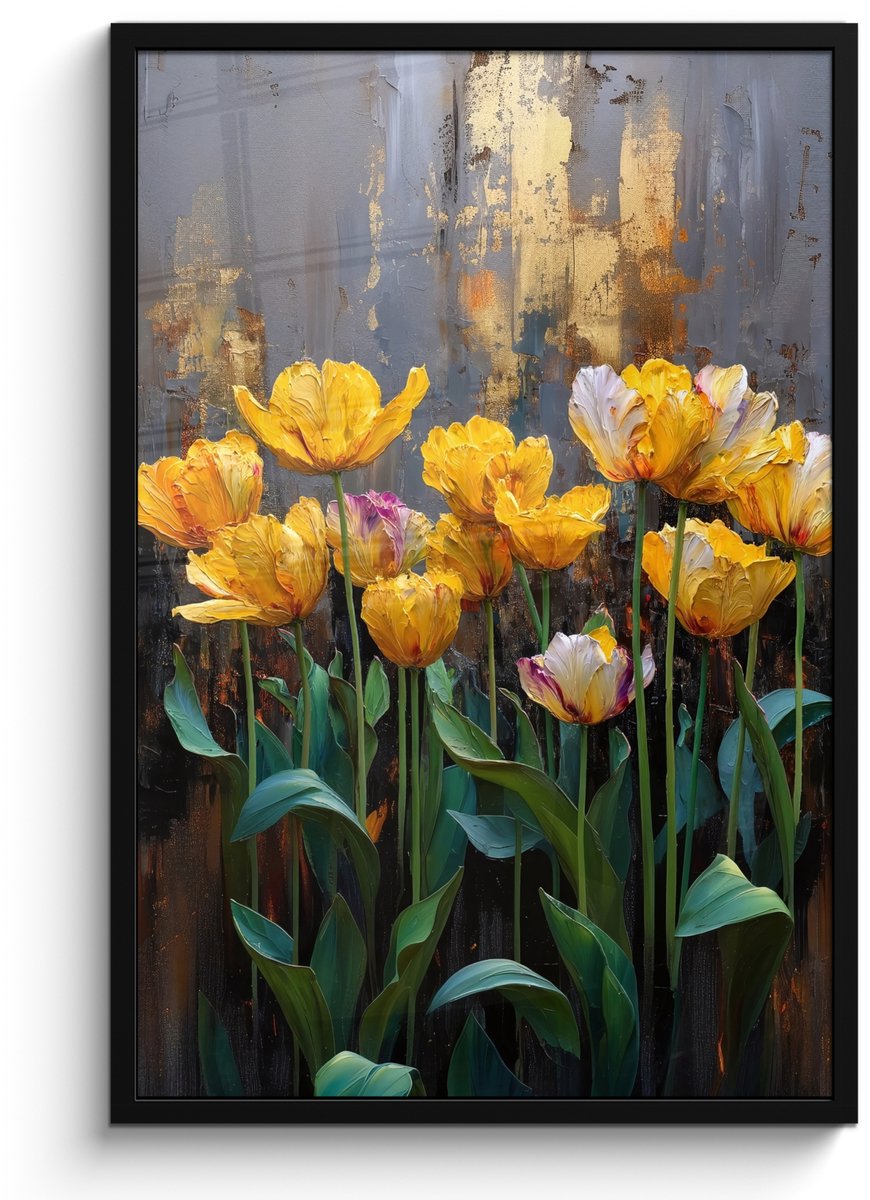 FrameYourWall Poster in lijst - Fotolijst 60x90 cm - Posters - Tulpen - Geel - Penseelstreken - Abstract - Posterlijst zwart - Decoratie - Wanddecoratie woonkamer - Muurdecoratie slaapkamer