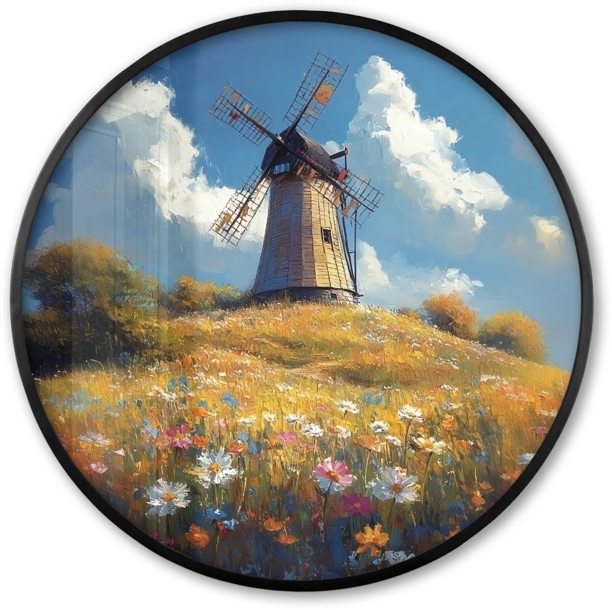 FrameYourWall Poster in lijst Rond - Fotolijst 80x80 cm - Posters - Windmolen - Heuvel - Bloemen - Kleurrijk - Ronde posterlijst zwart - Decoratie - Wanddecoratie woonkamer - Muurdecoratie slaapkamer