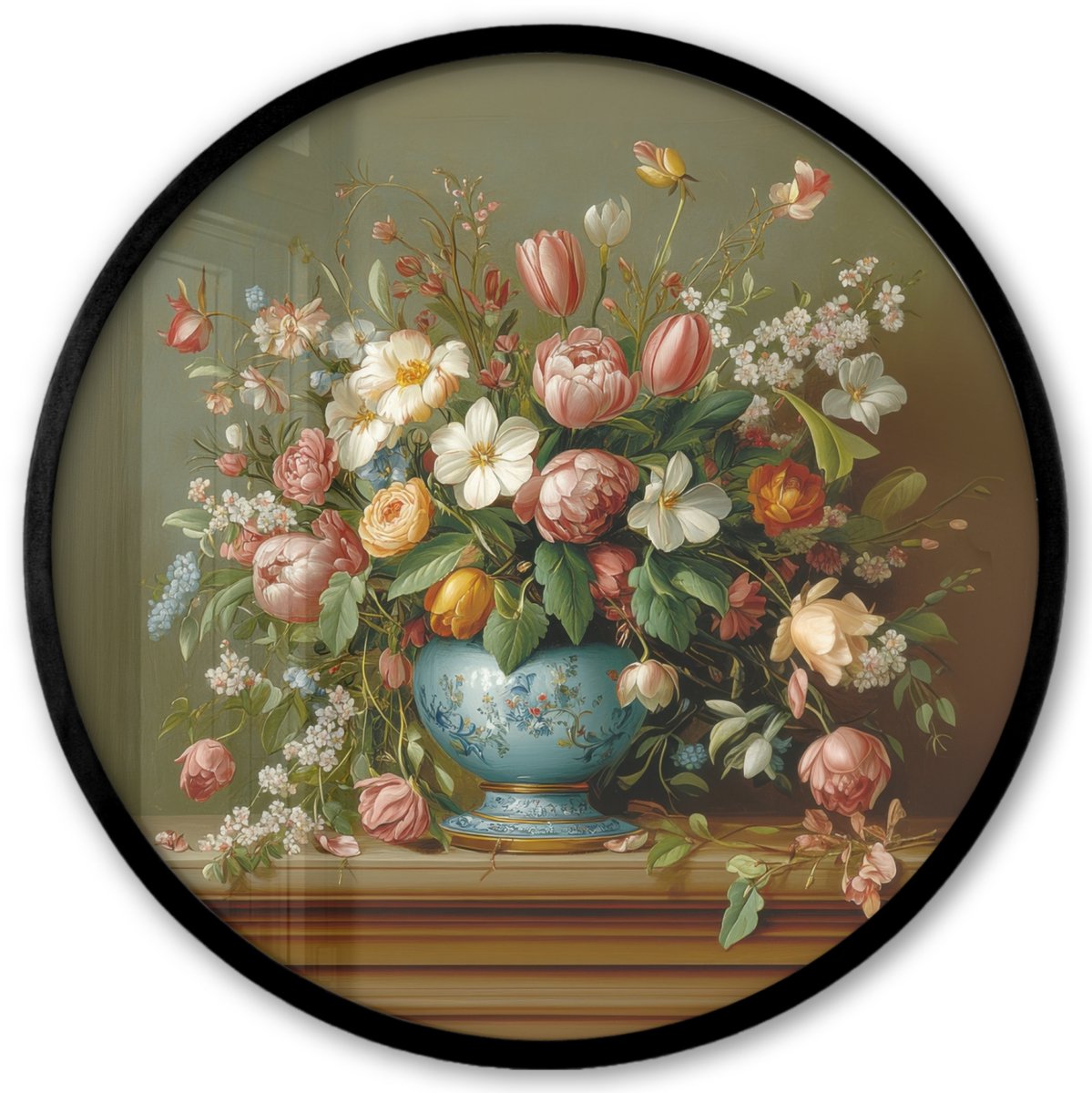 FrameYourWall Poster in lijst Rond - Fotolijst 40x40 cm - Posters - Vaas - Pastel - Kleuren - Bloemen - Ronde posterlijst zwart - Decoratie - Wanddecoratie woonkamer - Muurdecoratie slaapkamer Bloemen - Vaas