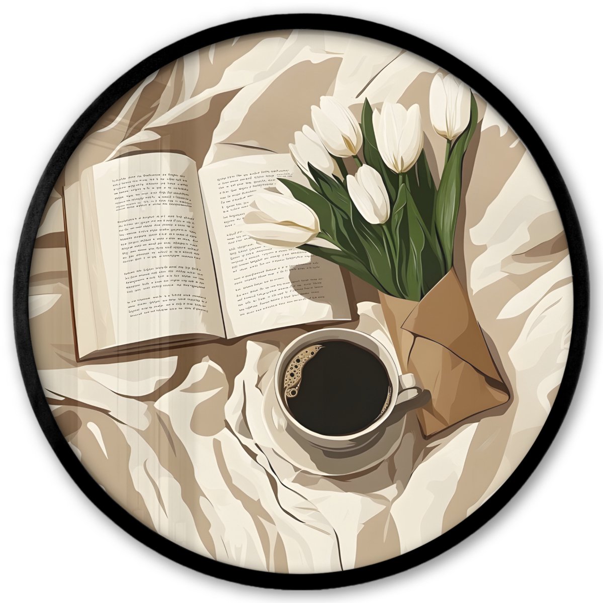 FrameYourWall Poster in lijst Rond - Fotolijst 40x40 cm - Posters - Boek - Illustratie - Tulpen - Koffie - Ronde posterlijst zwart - Decoratie - Wanddecoratie woonkamer - Muurdecoratie slaapkamer Boek - Tulpen - Koffie