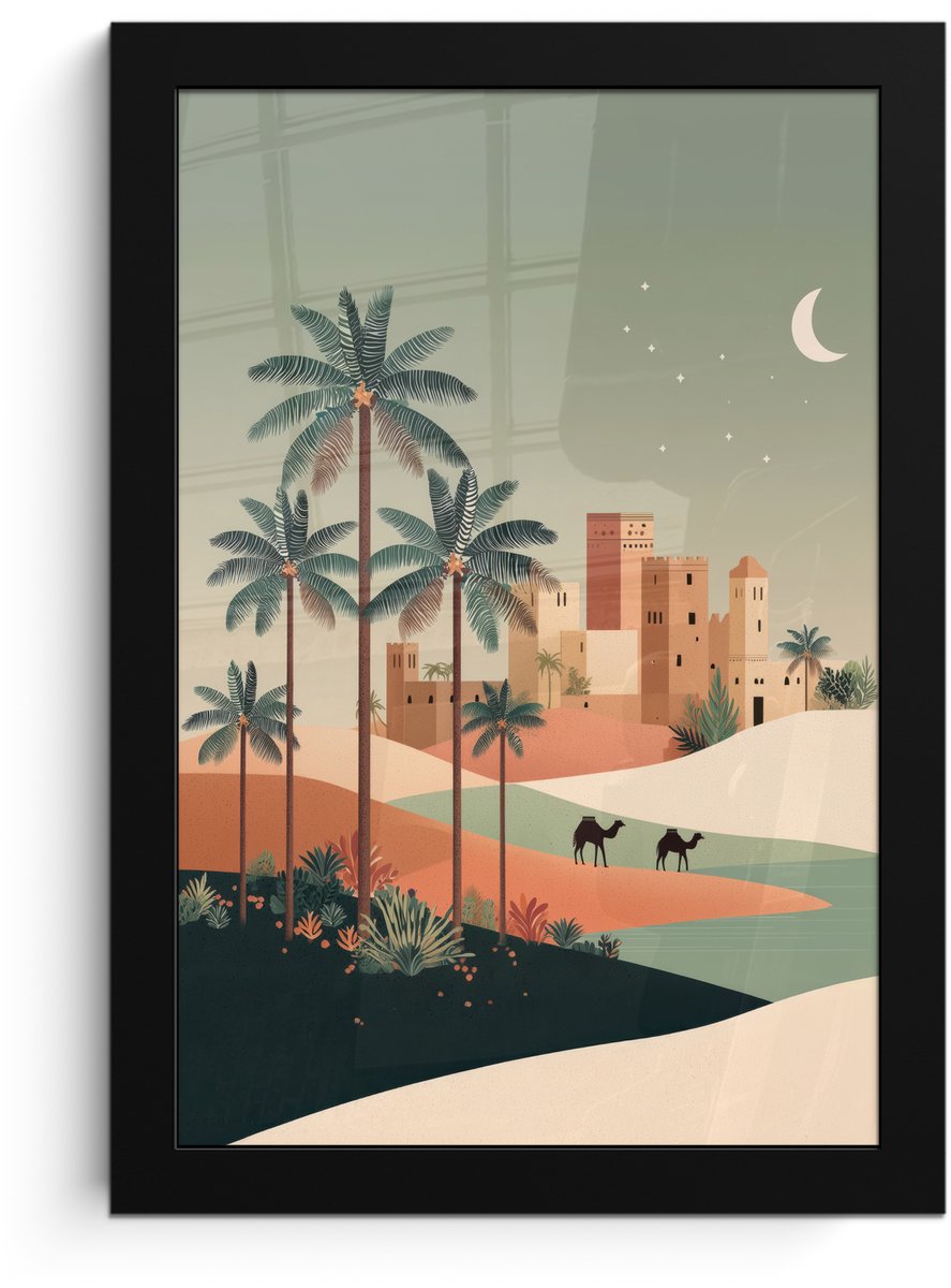 FrameYourWall Poster in lijst - Fotolijst 20x30 cm - Posters - Nachtlandschap - Kamelen - Sterren - zandduinden - Posterlijst zwart - Decoratie - Wanddecoratie woonkamer - Muurdecoratie slaapkamer