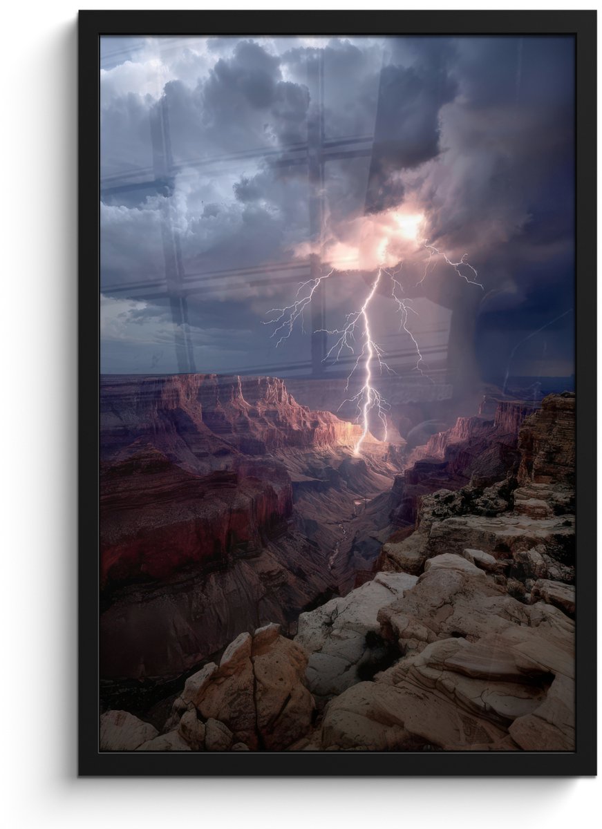 FrameYourWall Poster in lijst - Fotolijst 40x60 cm - Posters - Bliksem - Wolken - Canyon - Posterlijst zwart - Decoratie - Wanddecoratie woonkamer - Muurdecoratie slaapkamer Bliksem - Wolken - Rotsen