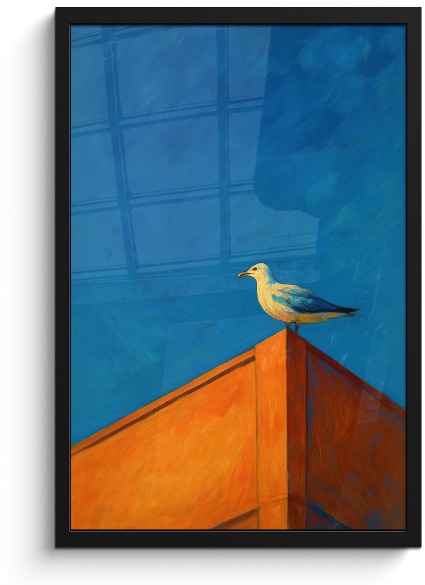 FrameYourWall Poster in lijst - Fotolijst 40x60 cm - Posters - Meeuw - Gebouw - Lucht - Geschilderd - Posterlijst zwart - Decoratie - Wanddecoratie woonkamer - Muurdecoratie slaapkamer
