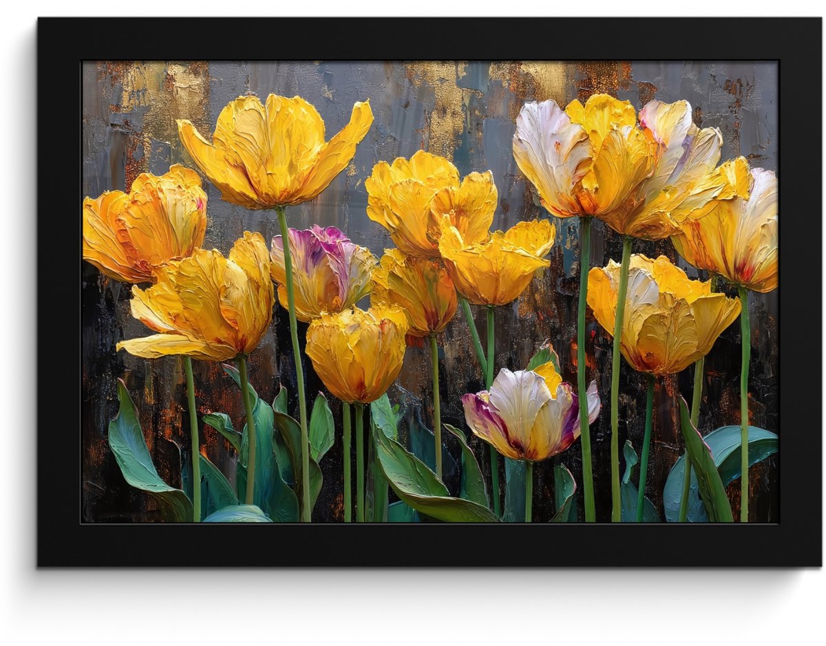 FrameYourWall Poster in lijst - Fotolijst 30x20 cm - Posters - Tulpen - Geel - Penseelstreken - Abstract - Posterlijst zwart - Decoratie - Wanddecoratie woonkamer - Muurdecoratie slaapkamer