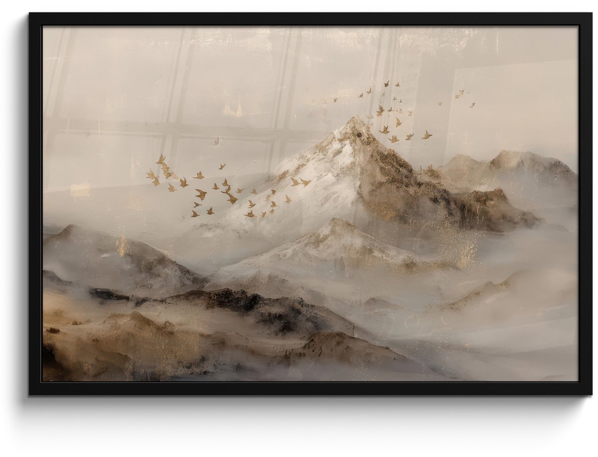 FrameYourWall Poster in lijst - Fotolijst 90x60 cm - Posters - Berglandschap - Mist - Penseelstreken - Posterlijst zwart - Decoratie - Wanddecoratie woonkamer - Muurdecoratie slaapkamer Berglandschap - Mist - Vogels