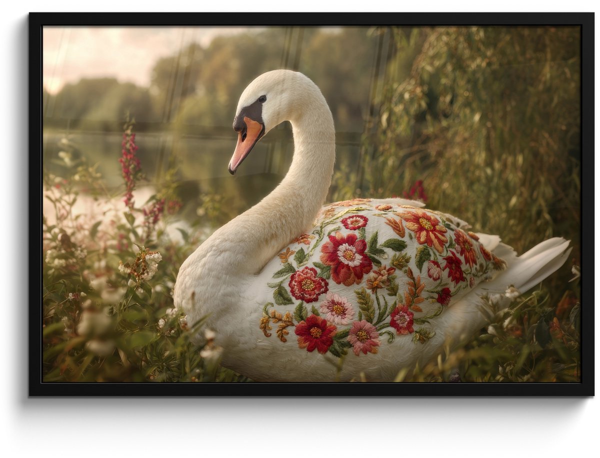 FrameYourWall Poster in lijst - Fotolijst 90x60 cm - Posters - Zwaan - Bloemen - Natuur - Posterlijst zwart - Decoratie - Wanddecoratie woonkamer - Muurdecoratie slaapkamer