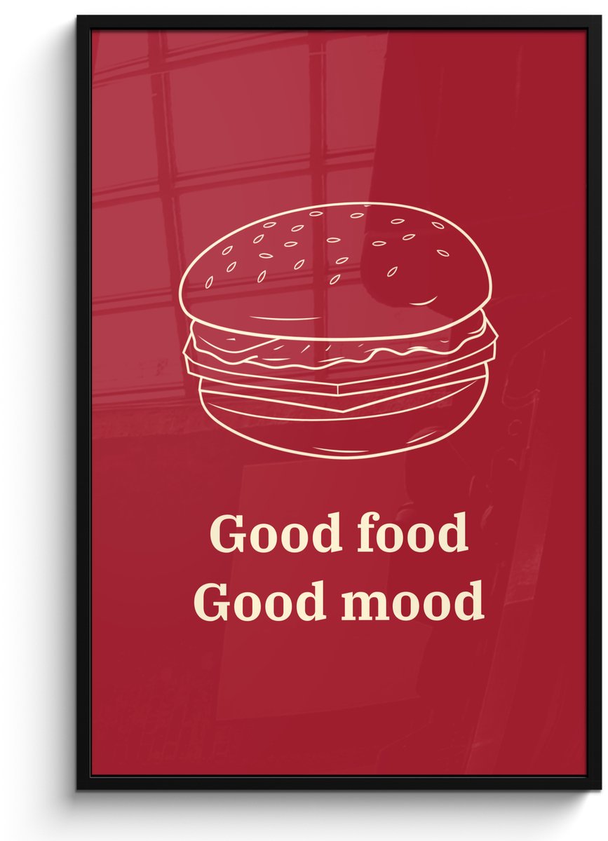 FrameYourWall Poster in lijst - Fotolijst 80x120 cm - Posters - Dieprood - Lijntekening - Tekst - Hamburger - Posterlijst zwart - Decoratie - Wanddecoratie woonkamer - Muurdecoratie slaapkamer Hamburger - Lijntekening