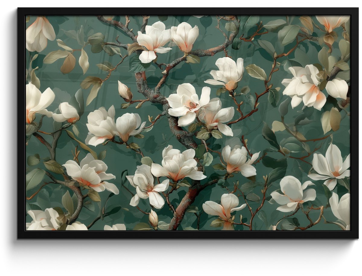FrameYourWall Poster in lijst - Fotolijst 90x60 cm - Posters - Bloemen - Takken - Wit - Klassiek - Posterlijst zwart - Decoratie - Wanddecoratie woonkamer - Muurdecoratie slaapkamer