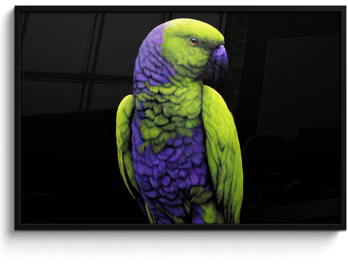 FrameYourWall Poster in lijst - Fotolijst 120x80 cm - Posters - Papegaai - Veren - Opvallend - Groen - Posterlijst zwart - Decoratie - Wanddecoratie woonkamer - Muurdecoratie slaapkamer
