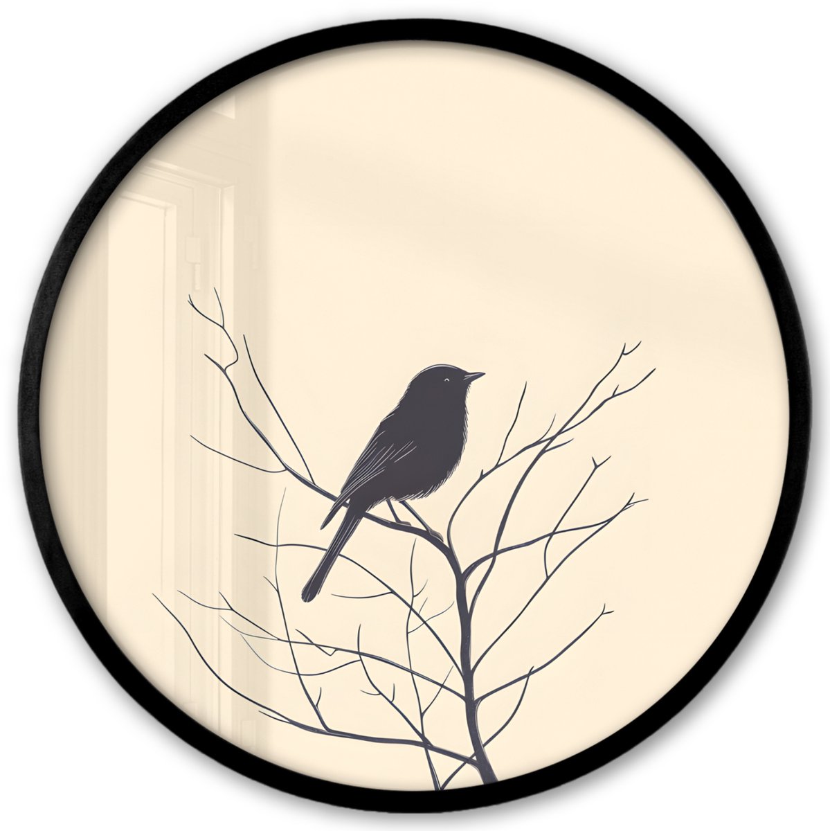 FrameYourWall Poster in lijst Rond - Fotolijst 40x40 cm - Posters - Vogel - Zwart - Tak - Minimalistisch - Ronde posterlijst zwart - Decoratie - Wanddecoratie woonkamer - Muurdecoratie slaapkamer Vogel - Tak