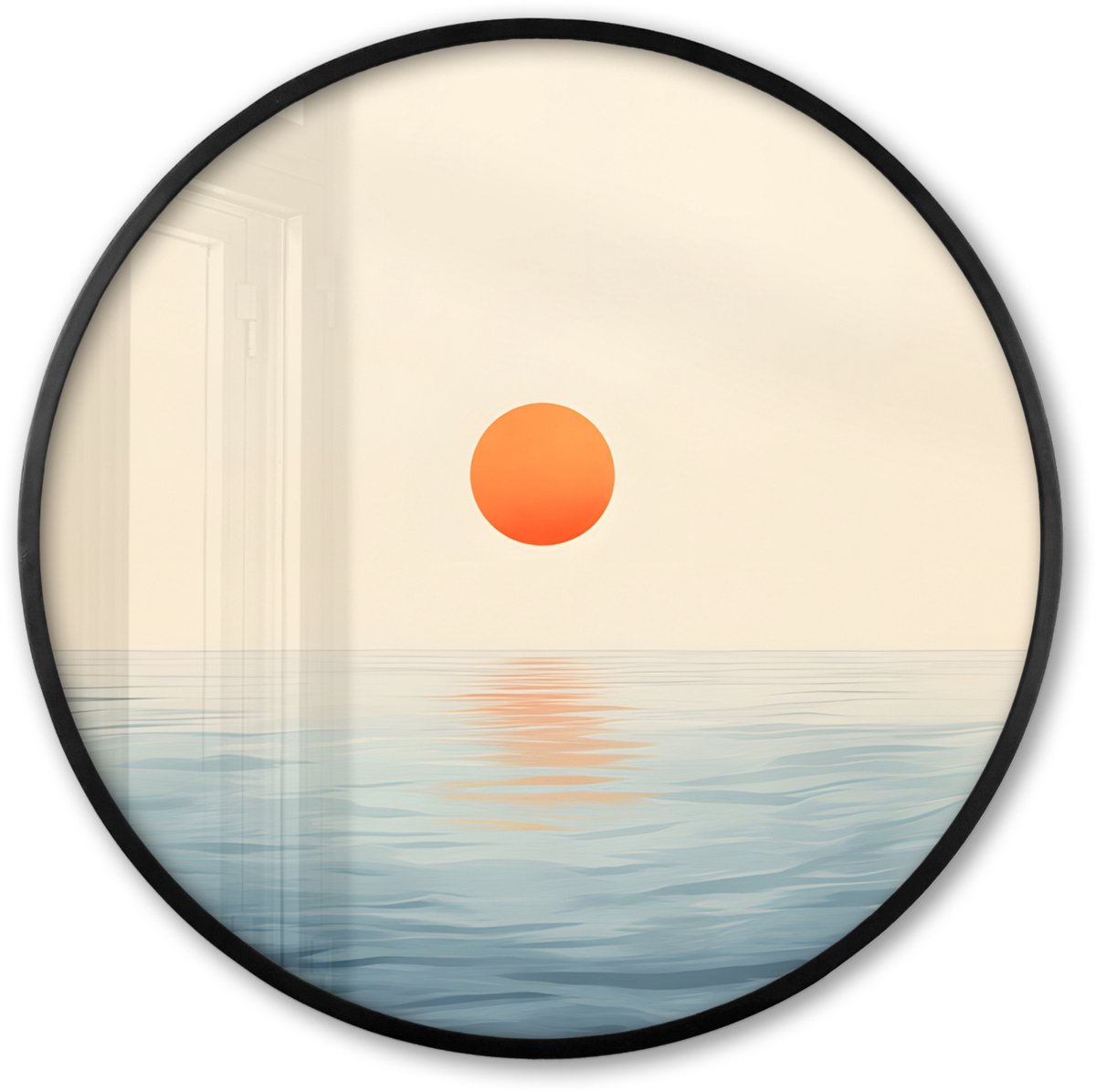 FrameYourWall Poster in lijst Rond - Fotolijst 60x60 cm - Posters - Zon - Oranje - Zee - Ronde posterlijst zwart - Decoratie - Wanddecoratie woonkamer - Muurdecoratie slaapkamer Zon - Zee