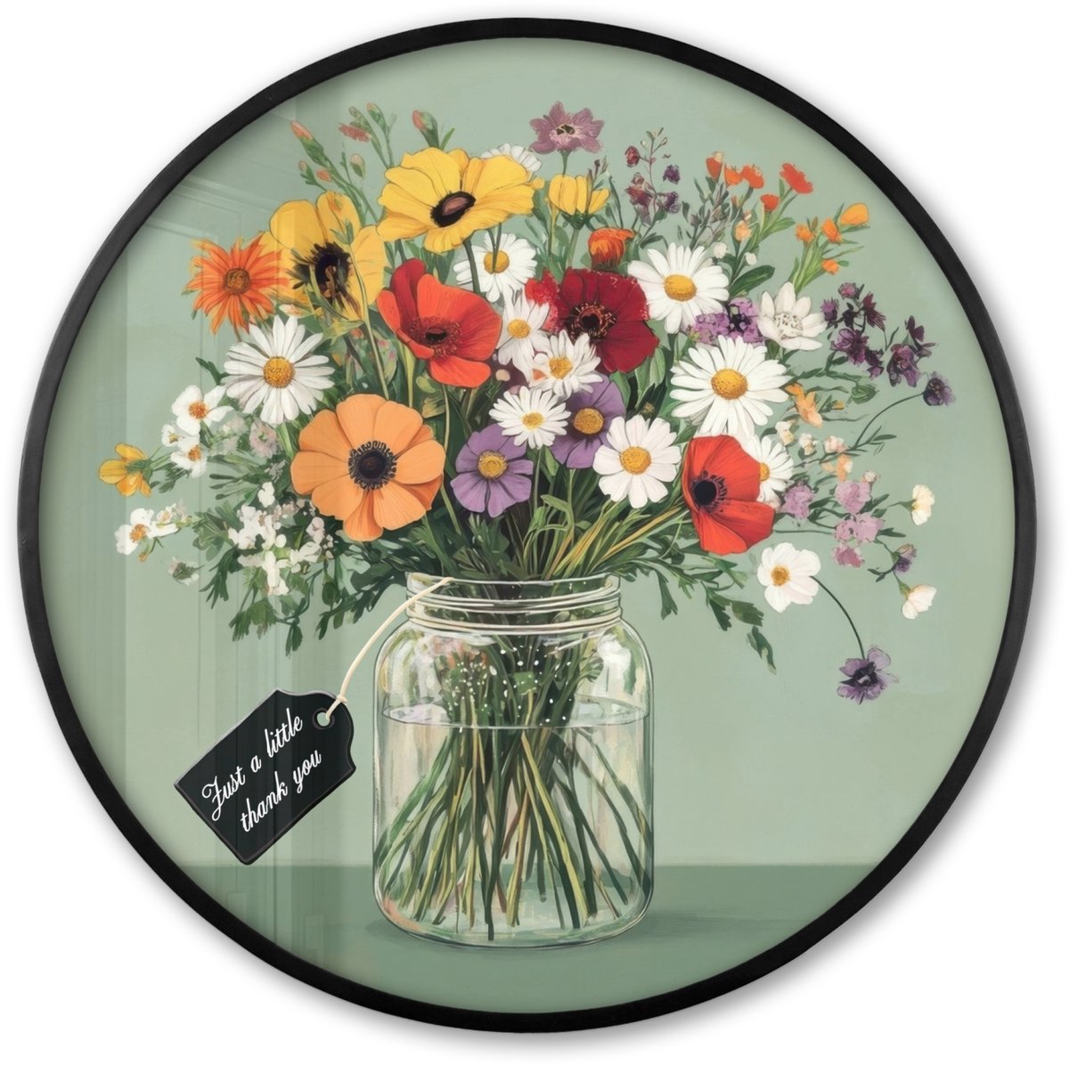 FrameYourWall Poster in lijst Rond - Fotolijst 60x60 cm - Posters - Bloemen - Vaas - Kaartje - Ronde posterlijst zwart - Decoratie - Wanddecoratie woonkamer - Muurdecoratie slaapkamer