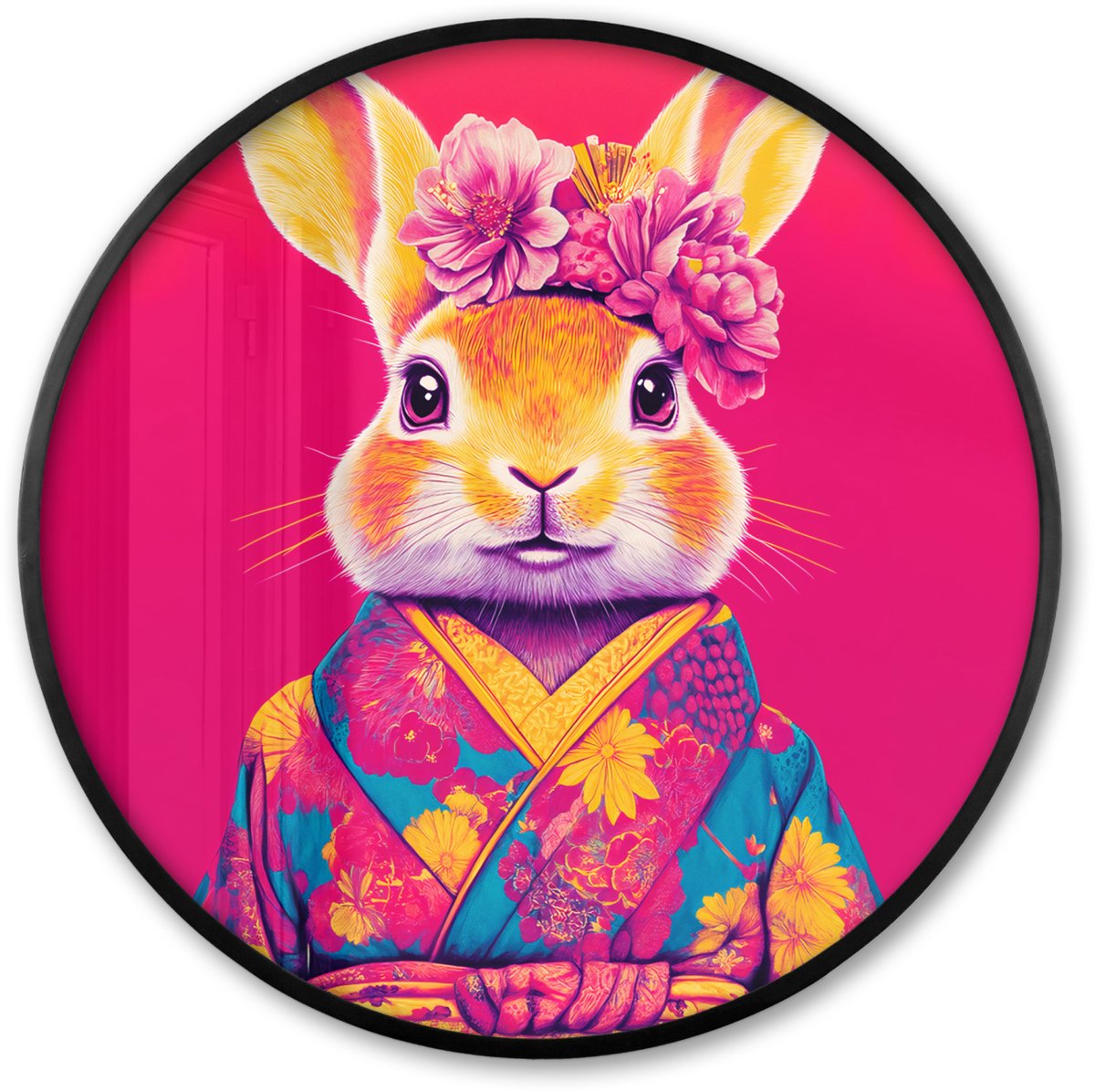 FrameYourWall Poster in lijst Rond - Fotolijst 60x60 cm - Posters - Konijn - Bloemen - Kleurrijk - Kimono - Ronde posterlijst zwart - Decoratie - Wanddecoratie woonkamer - Muurdecoratie slaapkamer