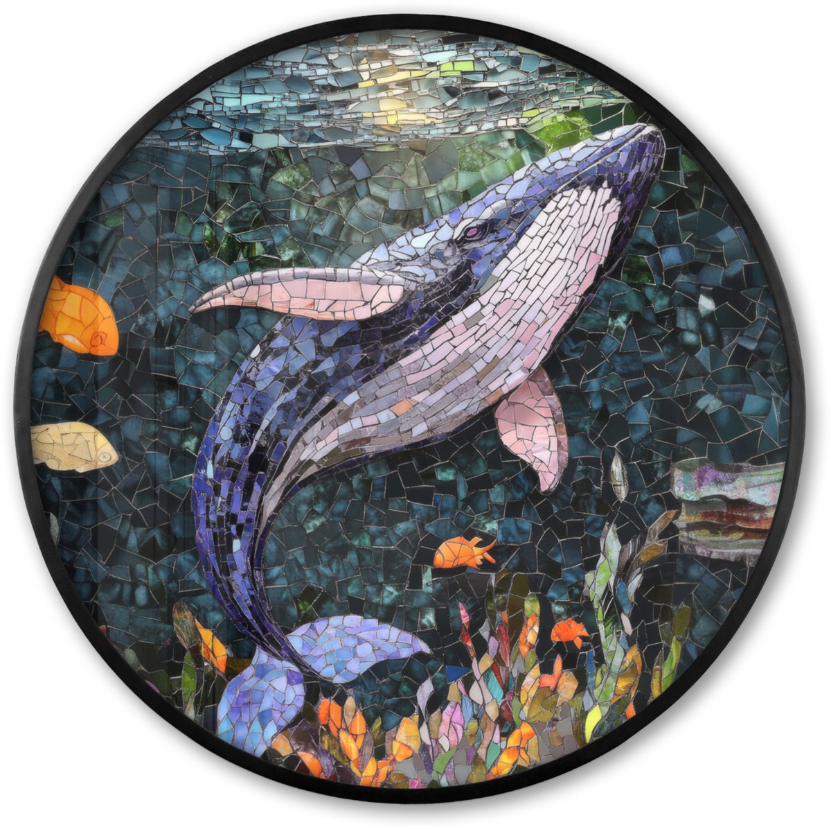FrameYourWall Poster in lijst Rond - Fotolijst 80x80 cm - Posters - Mozaïek - Walvis - Koraal - Water - Ronde posterlijst zwart - Decoratie - Wanddecoratie woonkamer - Muurdecoratie slaapkamer