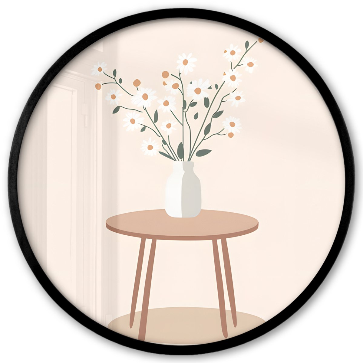 FrameYourWall Poster in lijst Rond - Fotolijst 40x40 cm - Posters - Vaas - Bloemen - Madeliefjes - Beige - Ronde posterlijst zwart - Decoratie - Wanddecoratie woonkamer - Muurdecoratie slaapkamer Tafeltje - Bloemen