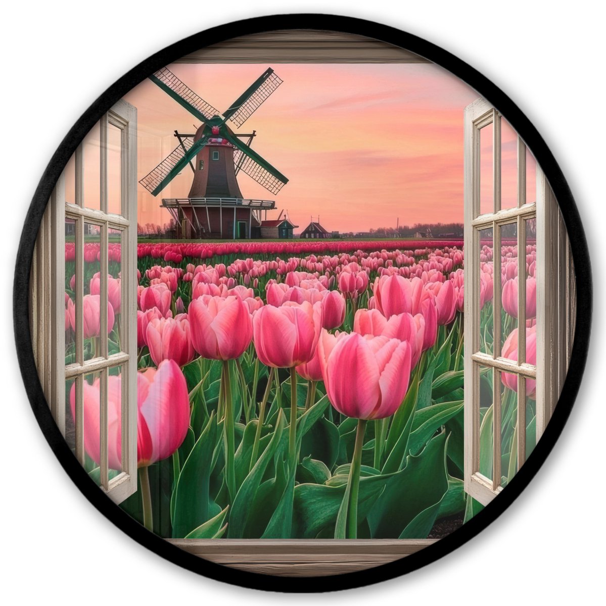 FrameYourWall Poster in lijst Rond - Fotolijst 40x40 cm - Posters - Doorkijk - Tulpen - Bloemen - Molen - Raam - Ronde posterlijst zwart - Decoratie - Wanddecoratie woonkamer - Muurdecoratie slaapkamer