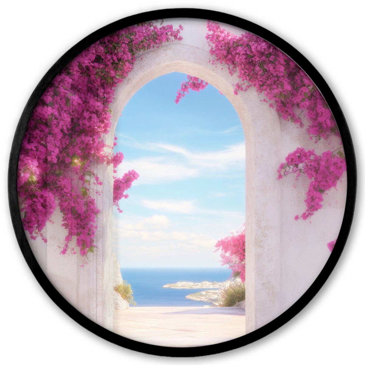 FrameYourWall Poster in lijst Rond - Fotolijst 40x40 cm - Posters - Zee - Roze - Bloemen - Poort - Ronde posterlijst zwart - Decoratie - Wanddecoratie woonkamer - Muurdecoratie slaapkamer Witte poort - Roze bloemen
