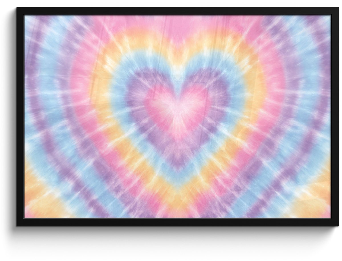 FrameYourWall Poster in lijst - Fotolijst 90x60 cm - Posters - Hartvorm - Pastelkleuren - Tie Dye - Posterlijst zwart - Decoratie - Wanddecoratie woonkamer - Muurdecoratie slaapkamer Multicolor