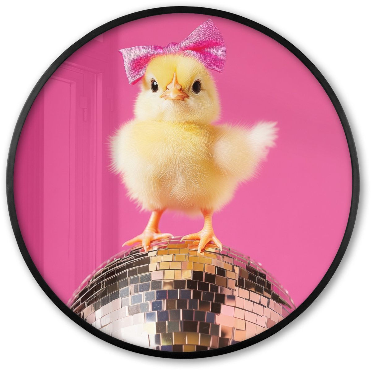 FrameYourWall Poster in lijst Rond - Fotolijst 60x60 cm - Posters - Discobal - Kuiken - Strik - Ronde posterlijst zwart - Decoratie - Wanddecoratie woonkamer - Muurdecoratie slaapkamer Kuiken - Disco