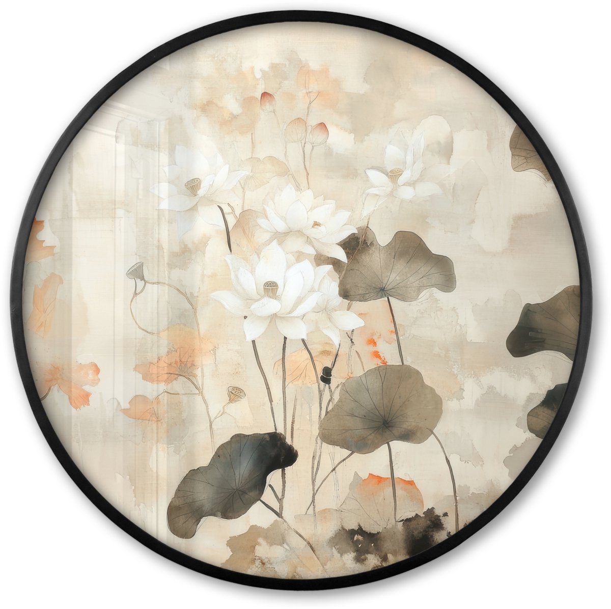 FrameYourWall Poster in lijst Rond - Fotolijst 60x60 cm - Posters - Bloemen - Japandi - Wabi sabi - Ronde posterlijst zwart - Decoratie - Wanddecoratie woonkamer - Muurdecoratie slaapkamer