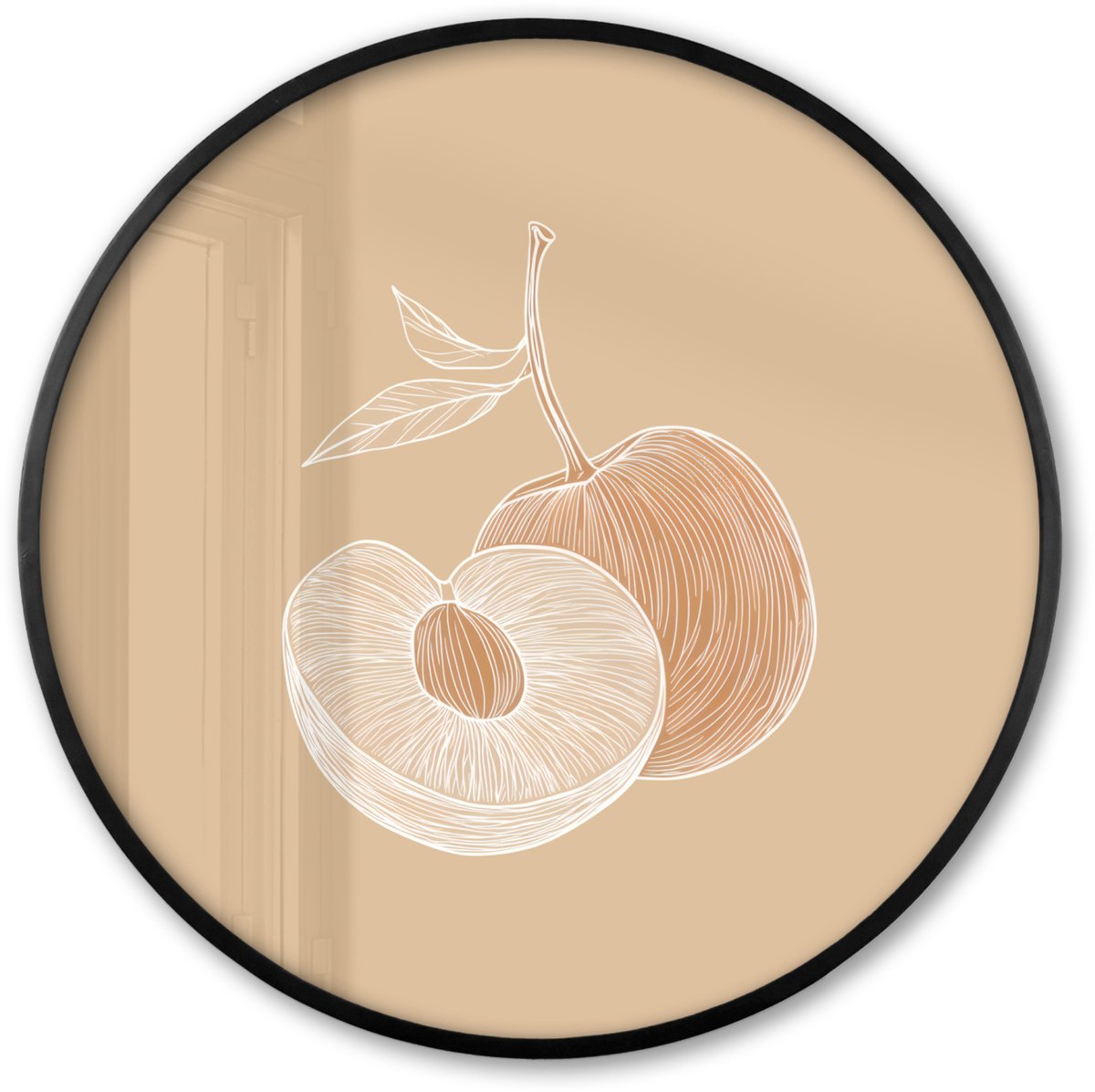 FrameYourWall Poster in lijst Rond - Fotolijst 80x80 cm - Posters - Perzik - Lijntekening - Pit - Beige - Ronde posterlijst zwart - Decoratie - Wanddecoratie woonkamer - Muurdecoratie slaapkamer