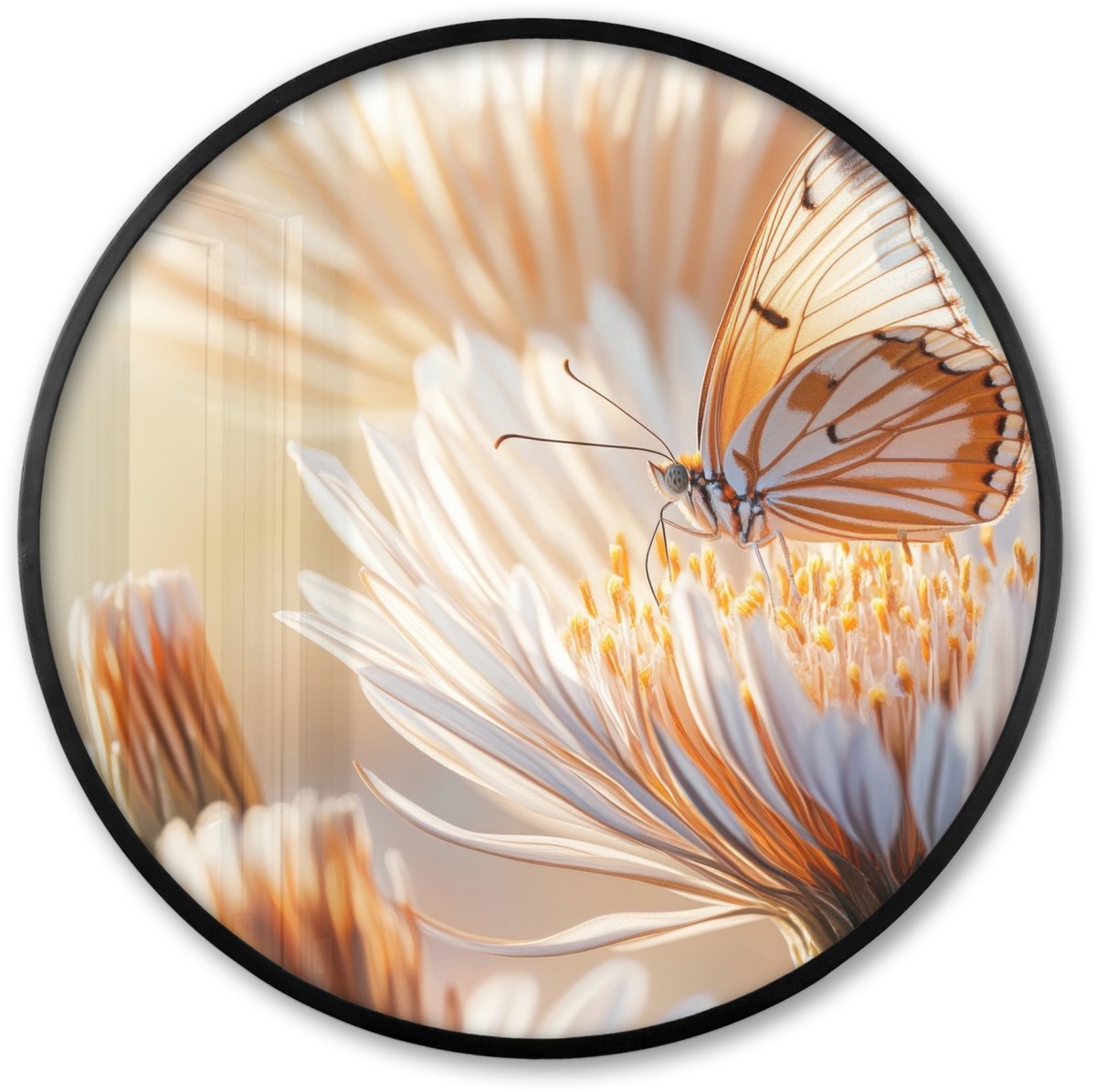 FrameYourWall Poster in lijst Rond - Fotolijst 60x60 cm - Posters - Vlinder - Bloem - Oranje - Ronde posterlijst zwart - Decoratie - Wanddecoratie woonkamer - Muurdecoratie slaapkamer Bloem - Vlinder