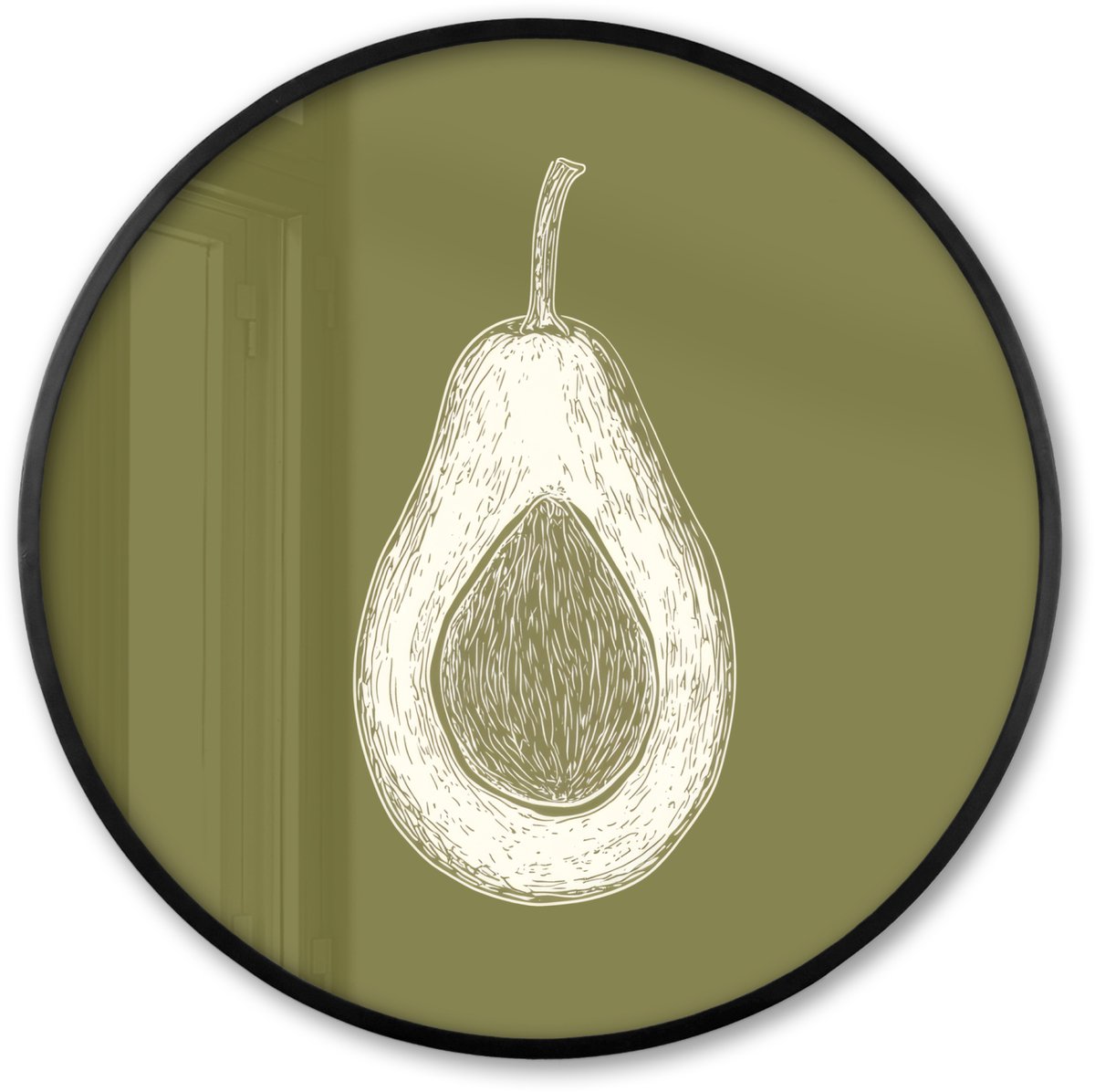 FrameYourWall Poster in lijst Rond - Fotolijst 60x60 cm - Posters - Avocado - Minimalistisch - Illustratie - Groen - Ronde posterlijst zwart - Decoratie - Wanddecoratie woonkamer - Muurdecoratie slaapkamer