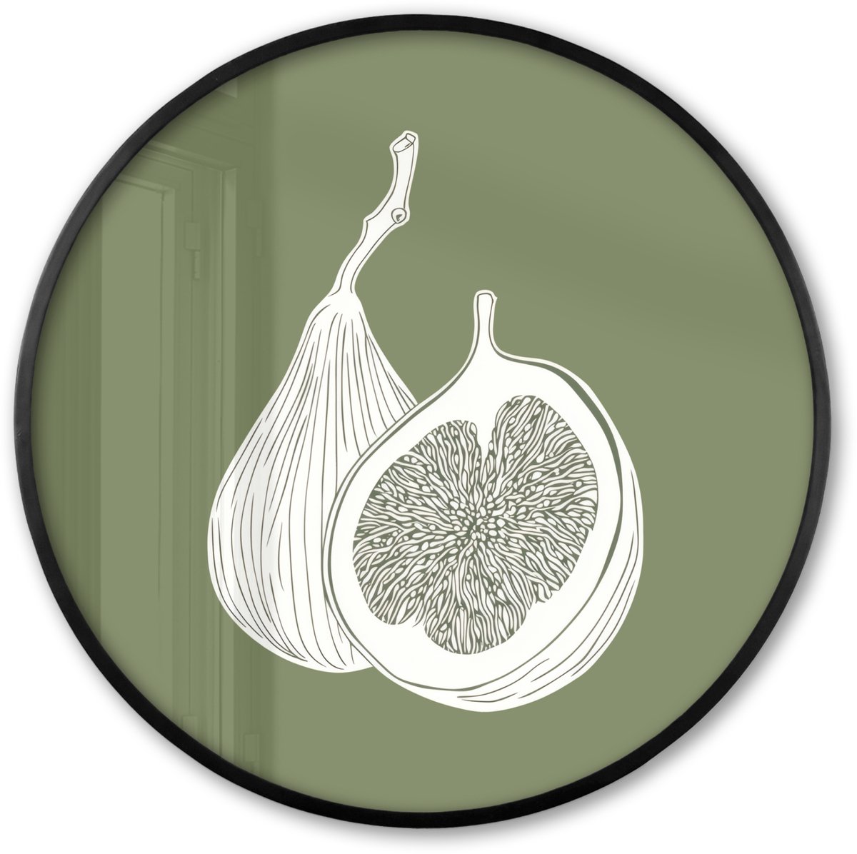 FrameYourWall Poster in lijst Rond - Fotolijst 80x80 cm - Posters - Vijgen - Minimalistisch - Getekend - Mosgroen - Ronde posterlijst zwart - Decoratie - Wanddecoratie woonkamer - Muurdecoratie slaapkamer