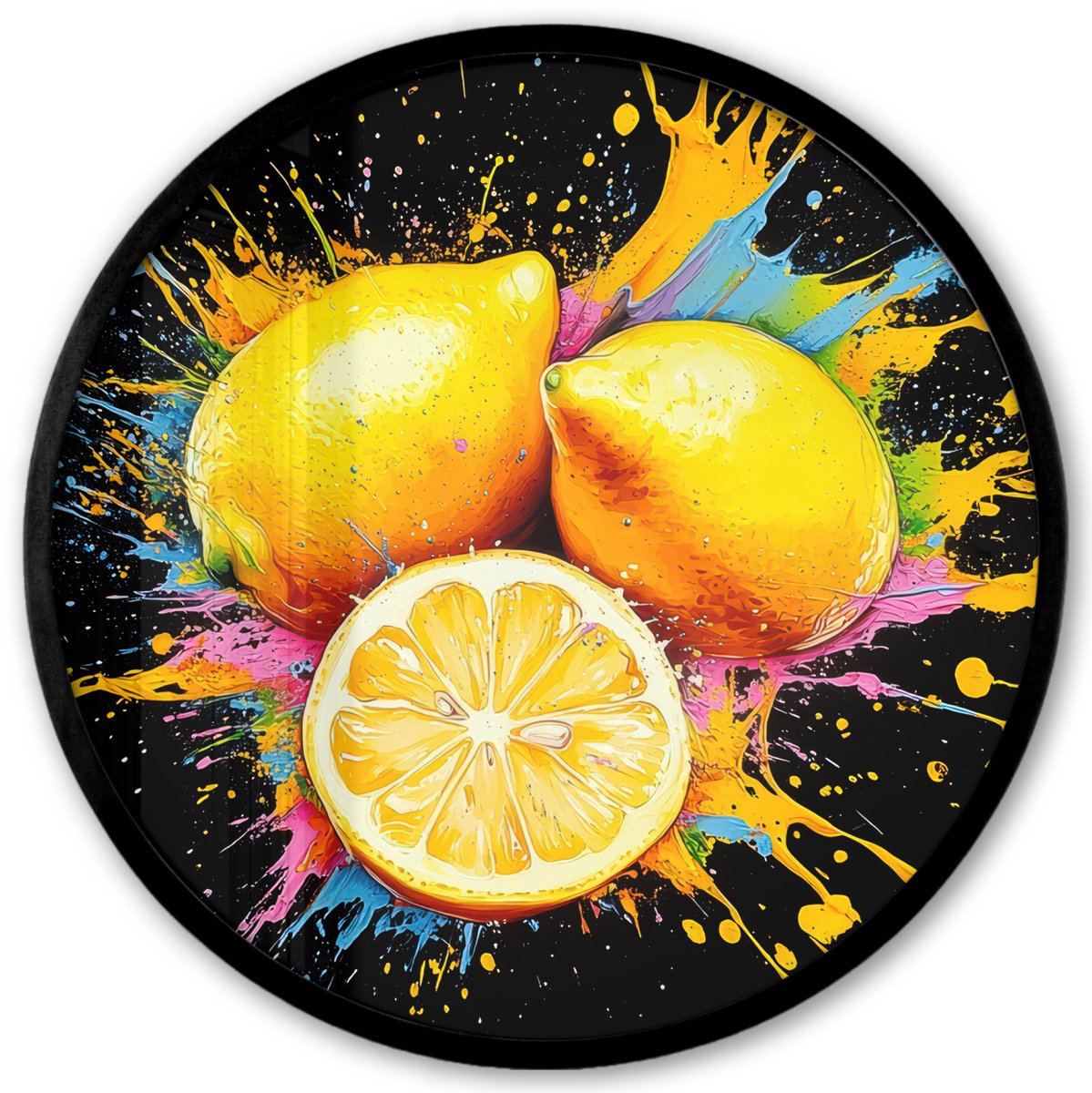 FrameYourWall Poster in lijst Rond - Fotolijst 40x40 cm - Posters - Citroen - Graffiti - Kleurrijk - Verf - Modern - Ronde posterlijst zwart - Decoratie - Wanddecoratie woonkamer - Muurdecoratie slaapkamer Graffiti - Citroen