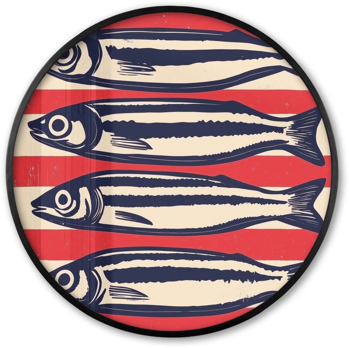 FrameYourWall Poster in lijst Rond - Fotolijst 60x60 cm - Posters - Sardines - Rood en beige strepen - Ronde posterlijst zwart - Decoratie - Wanddecoratie woonkamer - Muurdecoratie slaapkamer Sardines - Strepen