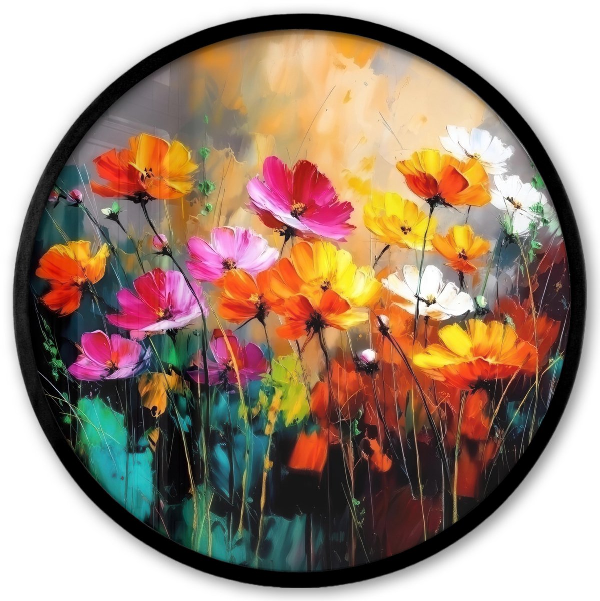 FrameYourWall Poster in lijst Rond - Fotolijst 40x40 cm - Posters - Felgekleurd - Bloemblaadjes - Abstract - Ronde posterlijst zwart - Decoratie - Wanddecoratie woonkamer - Muurdecoratie slaapkamer