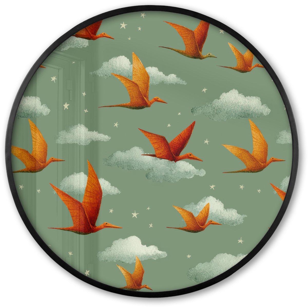 FrameYourWall Poster in lijst Rond - Fotolijst 60x60 cm - Posters - Dinosaurussen - Wolken - Sterren - Oranje - Ronde posterlijst zwart - Decoratie - Wanddecoratie woonkamer - Muurdecoratie slaapkamer