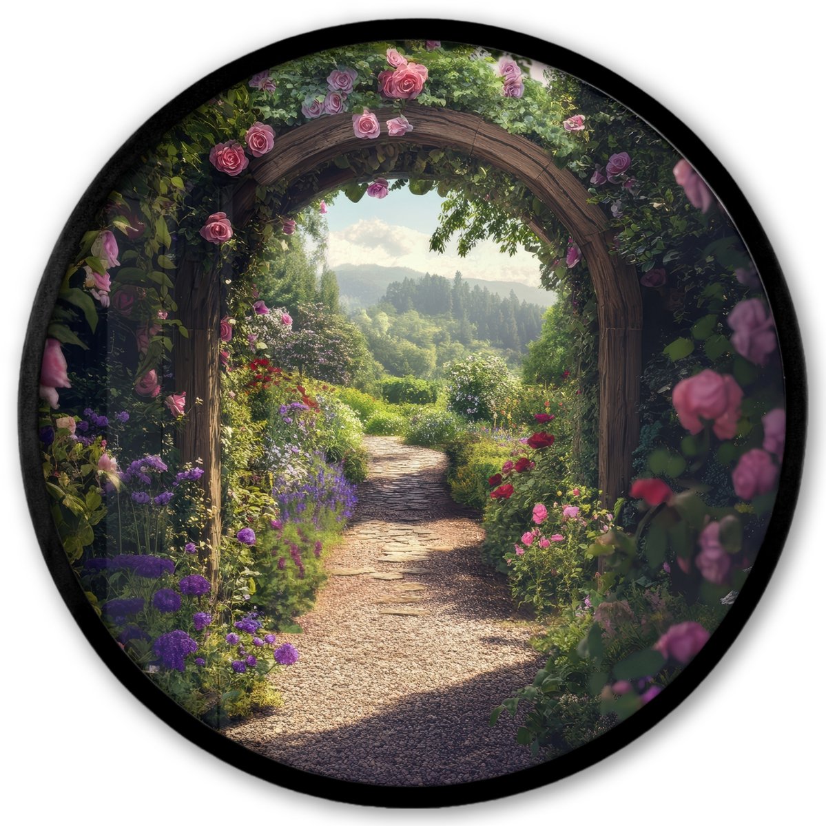FrameYourWall Poster in lijst Rond - Fotolijst 40x40 cm - Posters - Doorkijk - Landschap - Bloemen - Rozenboog - Natuur - Ronde posterlijst zwart - Decoratie - Wanddecoratie woonkamer - Muurdecoratie slaapkamer Tuinboog - Rozen