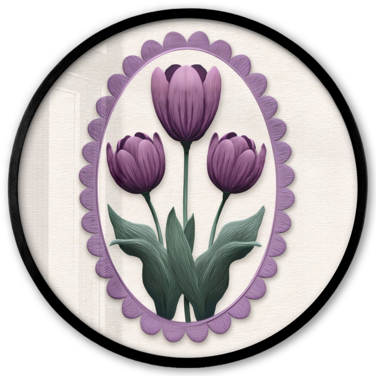 FrameYourWall Poster in lijst Rond - Fotolijst 40x40 cm - Posters - Tulpen - Paars - Lijst - Bladeren - Ronde posterlijst zwart - Decoratie - Wanddecoratie woonkamer - Muurdecoratie slaapkamer