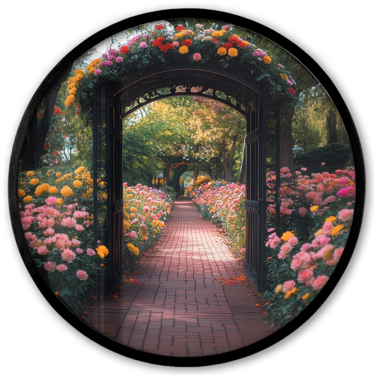 FrameYourWall Poster in lijst Rond - Fotolijst 40x40 cm - Posters - Doorkijk - Bloemen - Pad - Natuur - Kleurrijk - Ronde posterlijst zwart - Decoratie - Wanddecoratie woonkamer - Muurdecoratie slaapkamer Poort - Tuin