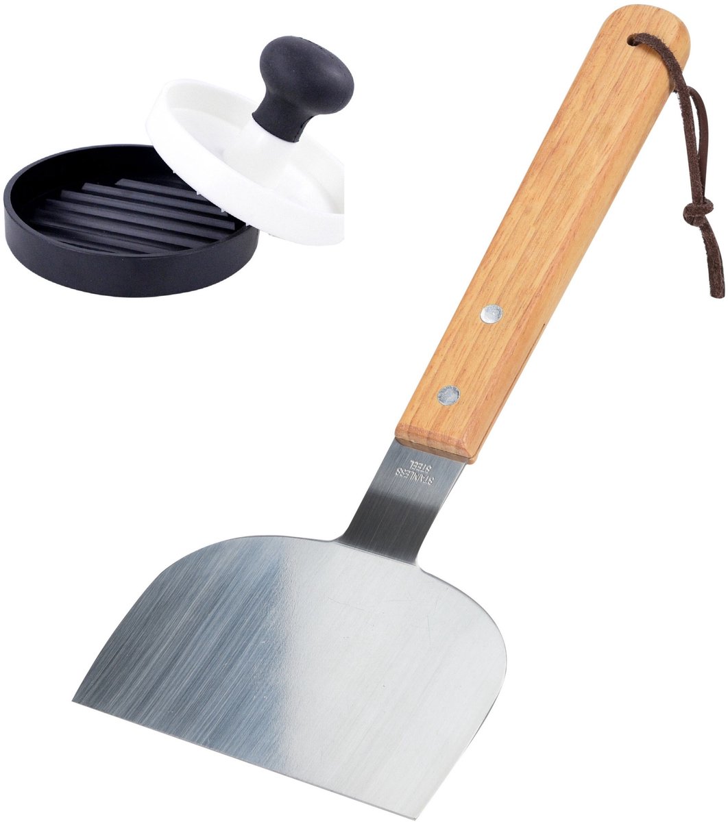 BBQ/barbecue spatel - rvs - met hamburgerperser - Vleesperser - Gehaktperser - Vlees spatel