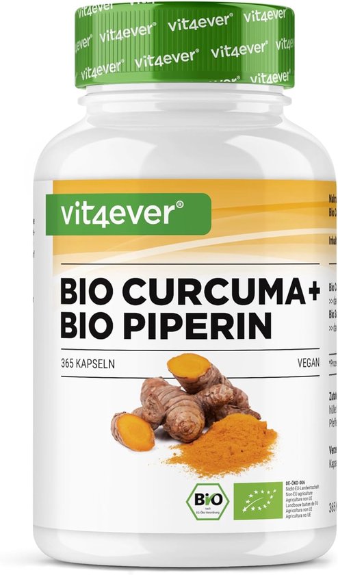 Vit4ever BIO CURCUMA+ BIO PIPERIN pot met 365 capsules en biologische kurkuma wortels.