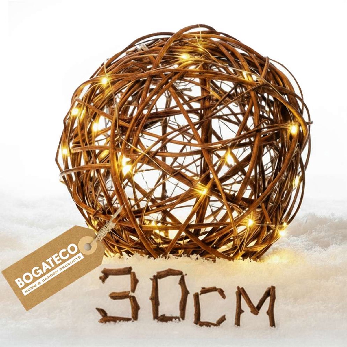 BOGATECO Decoratieve Bal 30 cm met LED-lichtsnoer - Grote wilgenbal met sfeerverlichting | Decoratieve bal voor tuin, balkon en terras