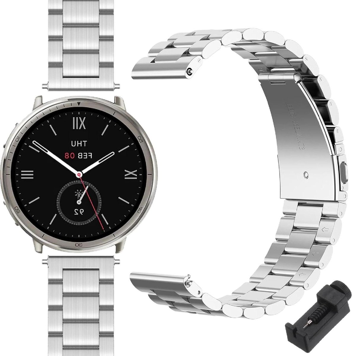 Roestvrij stalen horlogeband voor smartwatch, Amazfit Active 2 | Slijtvast en klassiek design | Zilverkleurig, casual ontwerp